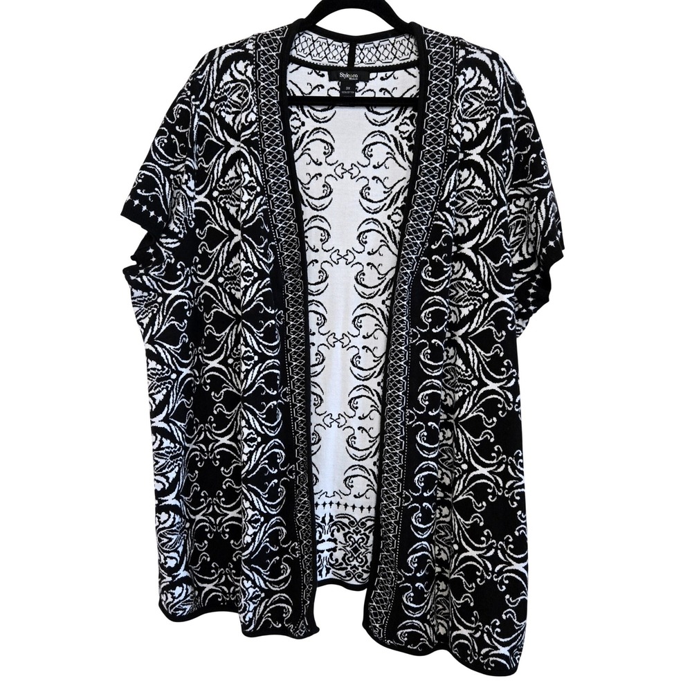 Style & Co Woman Boho Chic Black White Damask Open Front Cotton Cardigan 3X